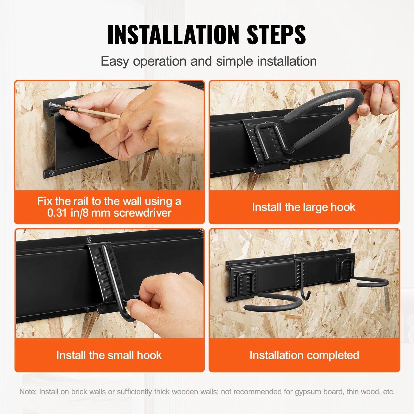 VEVOR Bicycle Wall Mount Rack 3/4/5pcs Rails Mtb Road Bike Storage Fixed Hanging Hook Holder Bike Support Stand for 6 Bikes