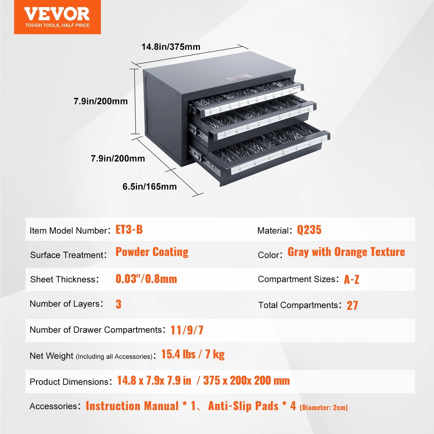 VEVOR Drill Bit Dispenser Cabinet Three-Drawer Drill Bit Organizer Cabinet Steel Drill Dispenser Organizer Cabinet Storage