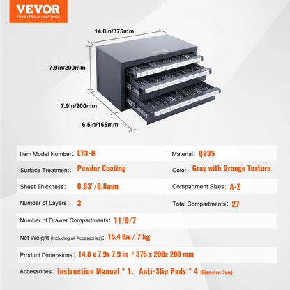 VEVOR Drill Bit Dispenser Cabinet Three-Drawer Drill Bit Organizer Cabinet Steel Drill Dispenser Organizer Cabinet Storage