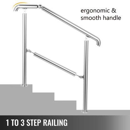 VEVOR 3-5 Step Railing Stainless Steel Transitional Handrail Fit For Level Surface Adjustable Stair Railing Safely Up/Downstairs