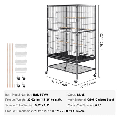 VEVOR 52/54 inch Standing Large Flight Bird Cage Carbon Steel Parakeets Cages with Rolling Stand and Tray for Cockatiels Parrots
