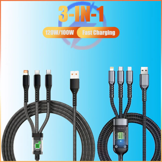 3-IN-1 120W/100W Data Cable For iPhone 15-7 Fast Charging Cable USB to TypeC 8 Pin Mirco USB For Samsung Huawei Xiaomi USB C