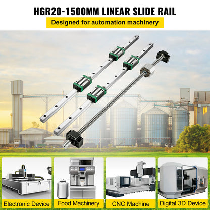 VEVOR HGR20 2PCS Linear Guide Rails 700-2000MM 4PCS Slide Blocks RM1605 Ballscrew W/ Ball Nut BF12/BK12 Nut for CNC DIY Routers