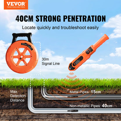 VEVOR Pipe Locators 30m Underground P67 Waterproof Pipe Blockage Detector Sewer Wall Scanner Plumbing Tool for PVC Plastic Metal