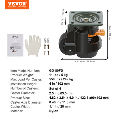 VEVOR 4Pcs Leveling Casters Heavy Duty Swivel Caster Wheels with Handle Design Height Adjustable Feet for Workbench Machine