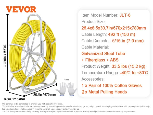 VEVOR Fish Tape Fiberglass 425/492/600/656 ft Duct Rodder Fishtape Wire Puller Fishing Tools for Walls and Electrical Conduit
