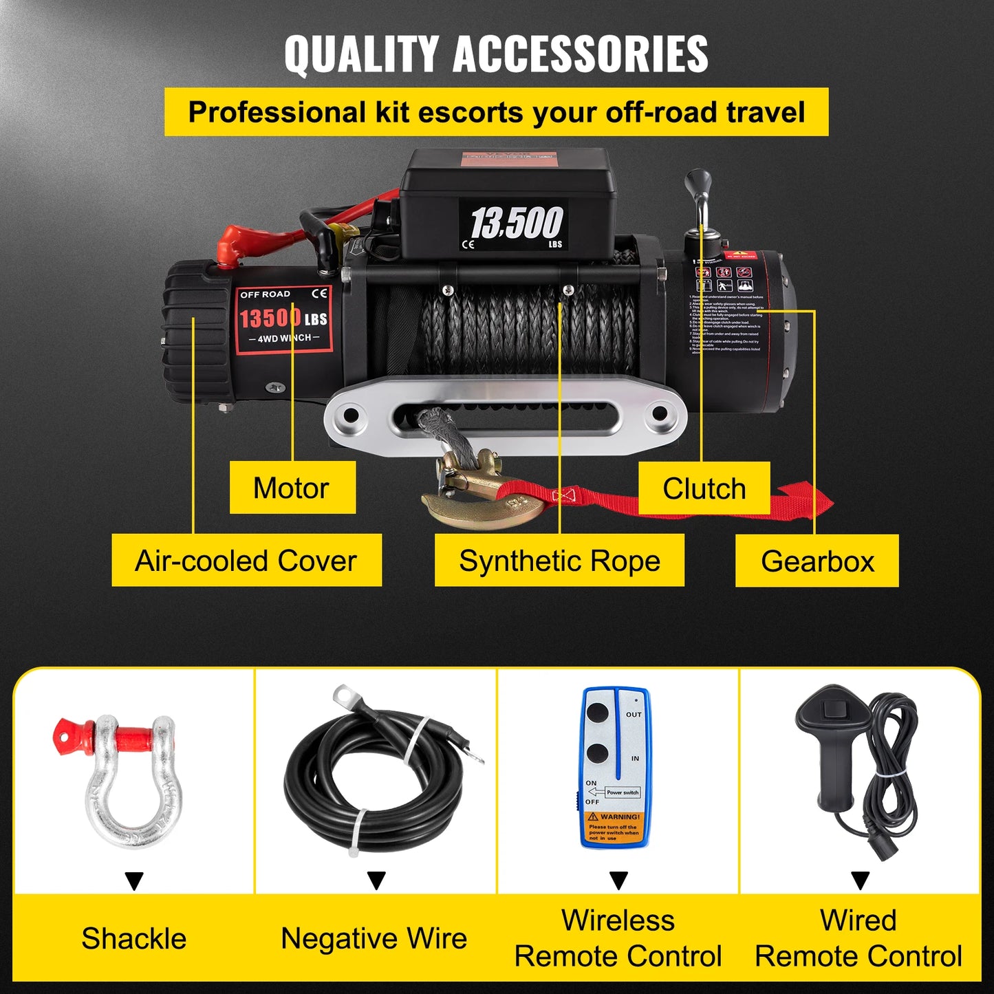 VEVOR 13500 LBS 12V Electric Winch Synthetic Tow Rope Winch 24M/92FT Lifting Hoist for 4X4 Car Trailer ATV Truck Off Road Boat