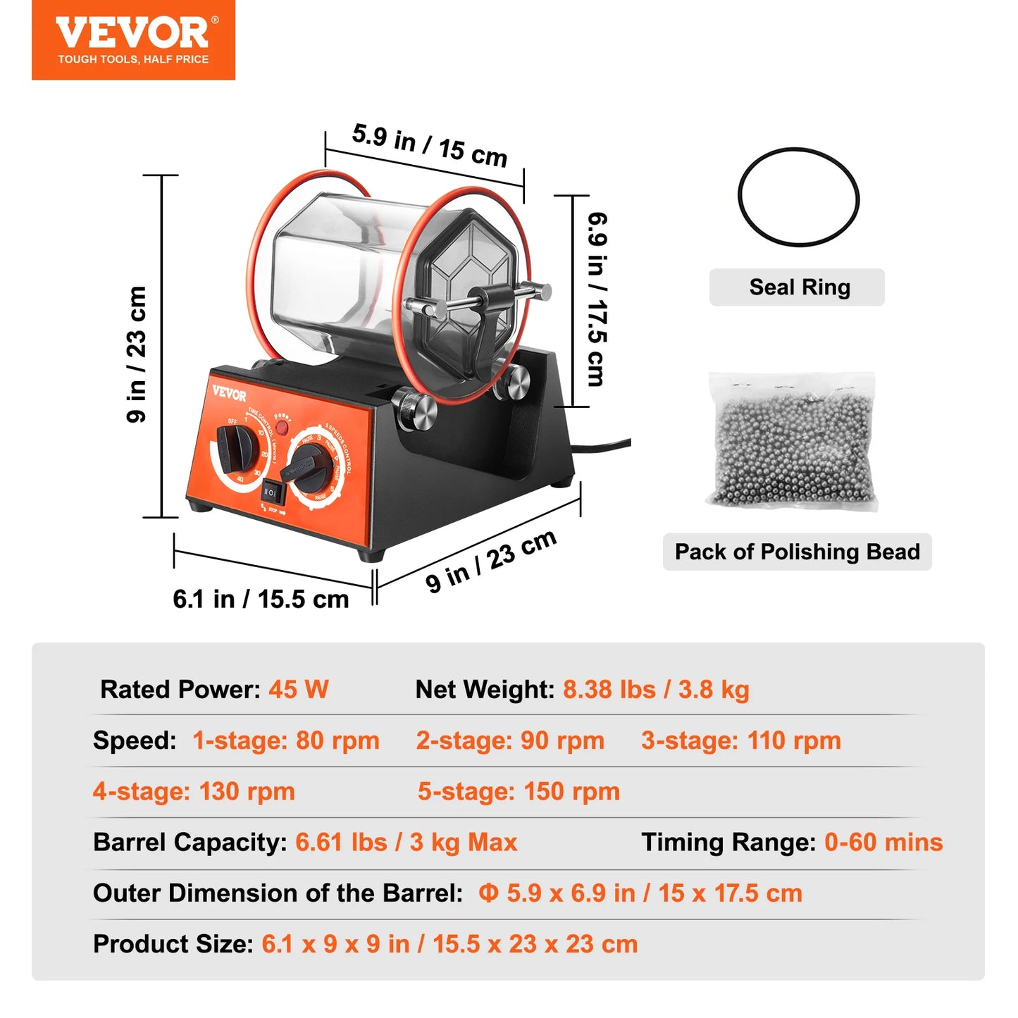 VEVOR 3kg 5kg Rotary Tumbler Surface Polisher Jewelry Drum Polishing Machine Gem DIY Mini-Tumbler Finishing Tools