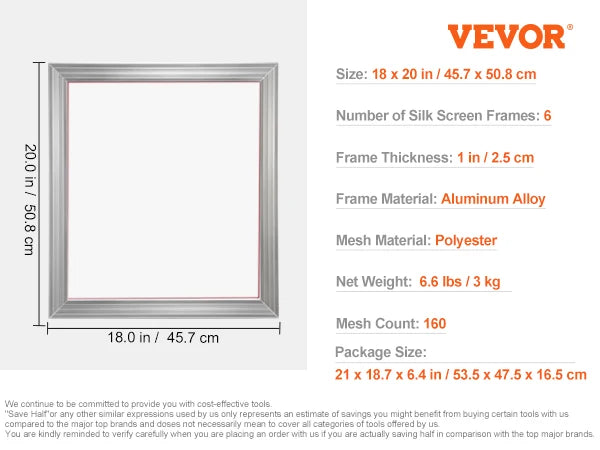 VEVOR 6 PCs Screen Printing Kit 10x14 inch Aluminum Silk Screen Printing Frames Silk Screen Printing Frame Tension Nylon Mesh