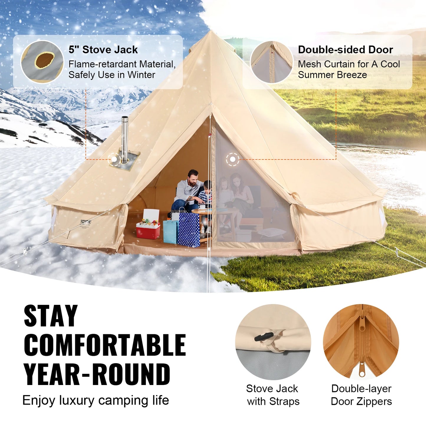 VEVOR Canvas Bell Tent, 4Seasons 3m/9.8ft Yurt Tent, Canvas Tent for Camping with Stove Jack,Breathable Tent Holds up to 4People