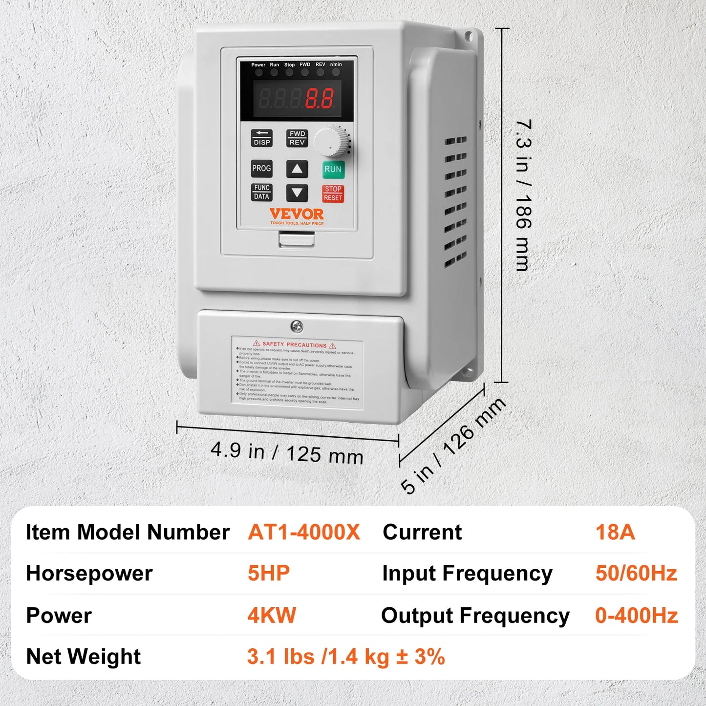 VEVOR VFD 5HP 4KW Singel Phase 220V-240V Input to 3 Phase 220V-240V Output Variable Frequency Drive for AC Motor Speed Control