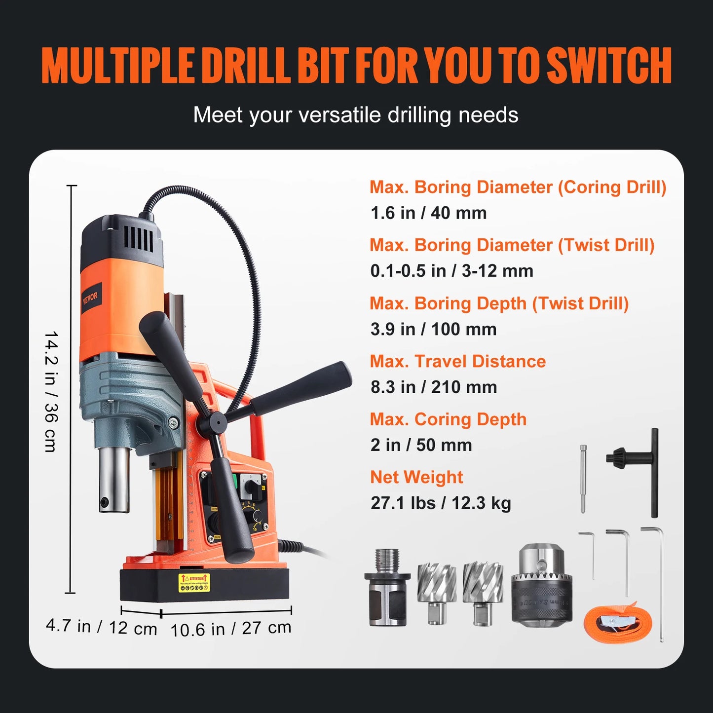 VEVOR 1300W 1400W 2" Electric Drilling Machine Magnetic Drill Press Boring Diameter Power Drill 1-second Release Drill
