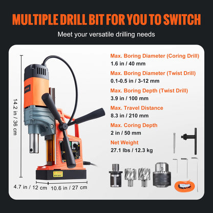VEVOR 1300W 1400W 2" Electric Drilling Machine Magnetic Drill Press Boring Diameter Power Drill 1-second Release Drill