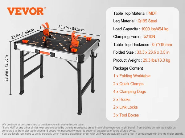 VEVOR Folding Work Table 1000LBS Load Capacity Multifuctional Portable Workbench & Versatile Sawhorse for DIY Woodworking Use