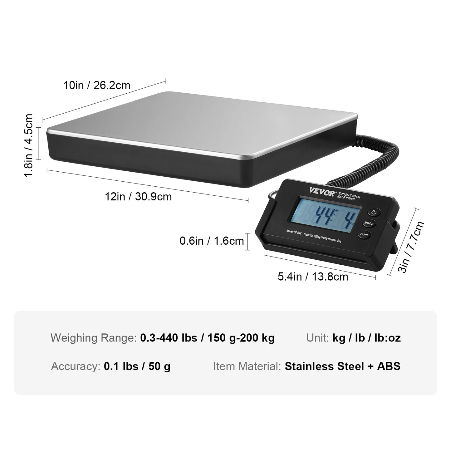 VEVOR 440lbs Digital Shipping Scale with Timer Tare Function HD LCD Screen Portable Package Postal Scale for Home Post Office