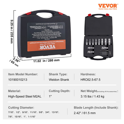 VEVOR Annular Cutter Set 6 pcs13 pcs Weldon Shank Mag Drill Bits 1" / 2" Cutting Depth for Using with Magnetic Drills