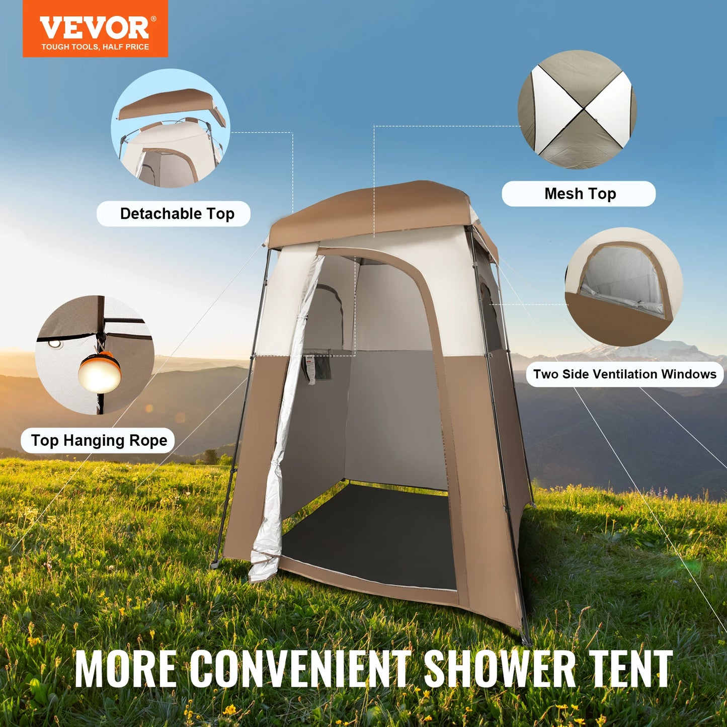VEVOR Camping Shower Tent 66" x 66" x 87" 1 Room Oversize Outdoor Portable Shelter Privacy Tent with Detachable Top Hanging Rope