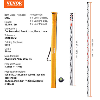 VEVOR Aluminum Grade Rod 4M Metric Telescopic Measuring Rod Double-Sided Scale in CM/MM Leveling Rod Stick Aluminum Alloy Survey