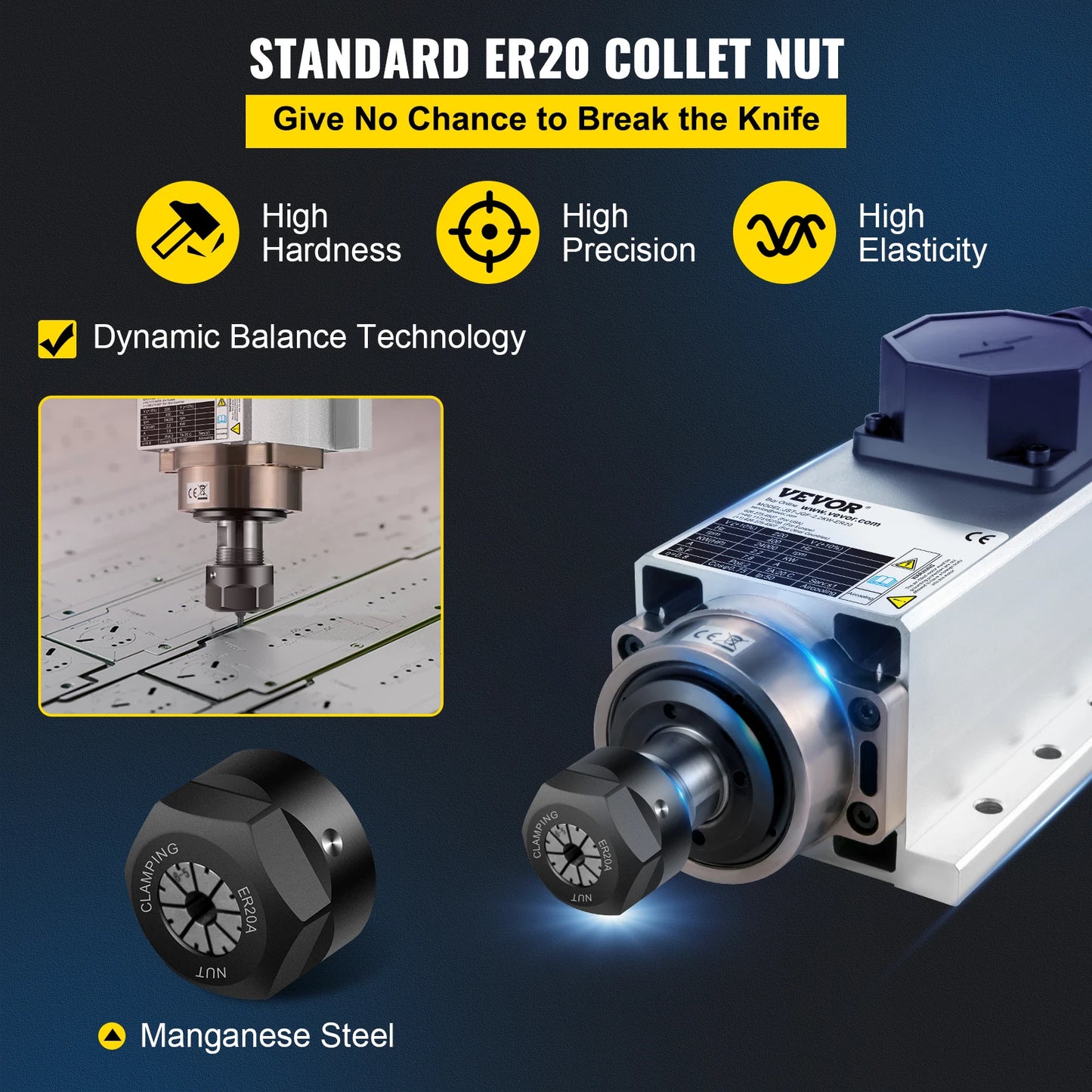 VEVOR 2.2KW CNC Square Air Cooled Spindle Motor ER20 Collet 4 Bearing Frequency Converter CNC Router Engraving Milling Machine