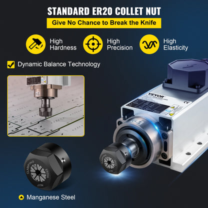 VEVOR 2.2KW CNC Square Air Cooled Spindle Motor ER20 Collet 4 Bearing Frequency Converter CNC Router Engraving Milling Machine