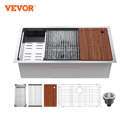 VEVOR 25-32inch Stainless Steel Kitchen Sink Undermount Single Bowl Workstation Step Sink with Cutting Board and Basket Strainer