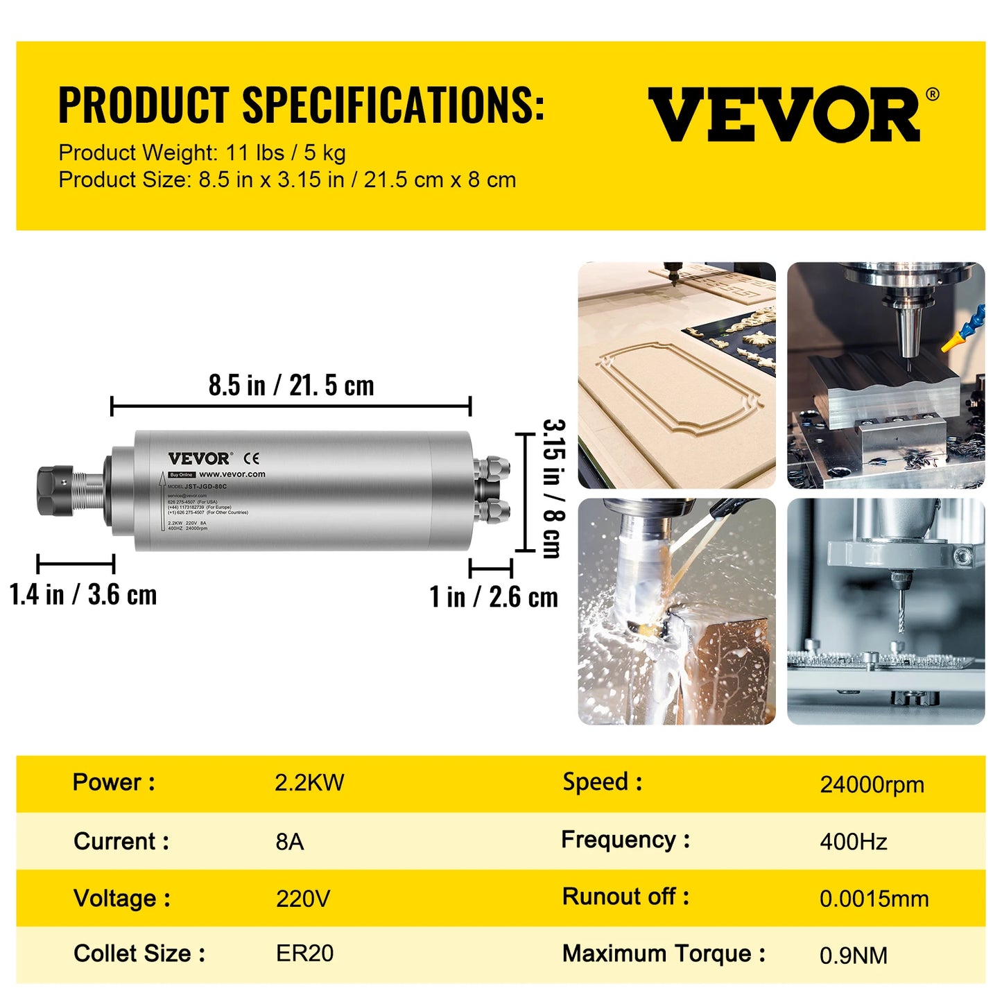 VEVOR 2.2KW Water Cooled Spindle Motor Kits 220V High Speed ER20 Collet 3 Bearings for CNC Router Engraving Milling Machine