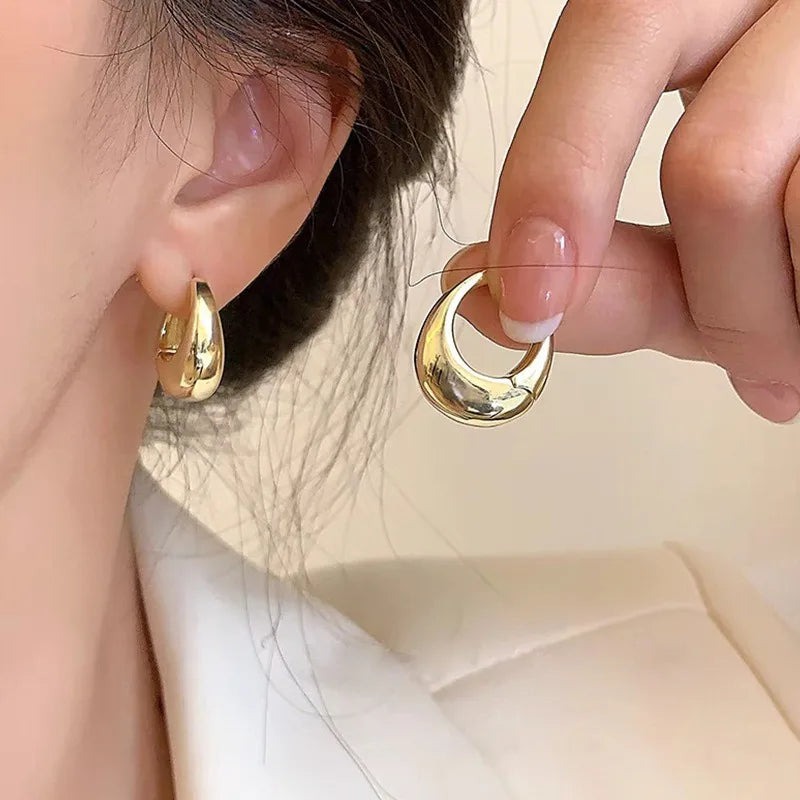 2Pcs New Classic Gold Color Plated Metal Hoop Earrings For Women, Fashion Jewelry Temperament Girls Daily Wear Stud Earrings