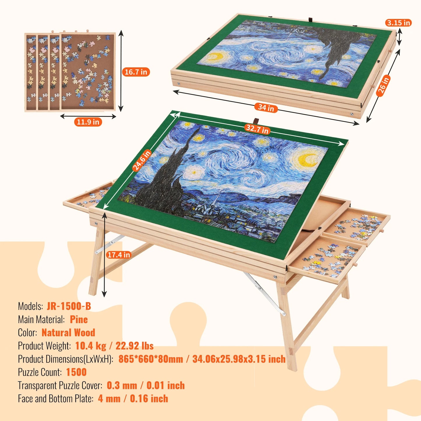 VEVOR 1500 Piece Puzzle Table with Folding Legs 4 Drawers and Cover Wooden Jigsaw Puzzle Plateau For Adults Gift for Mom