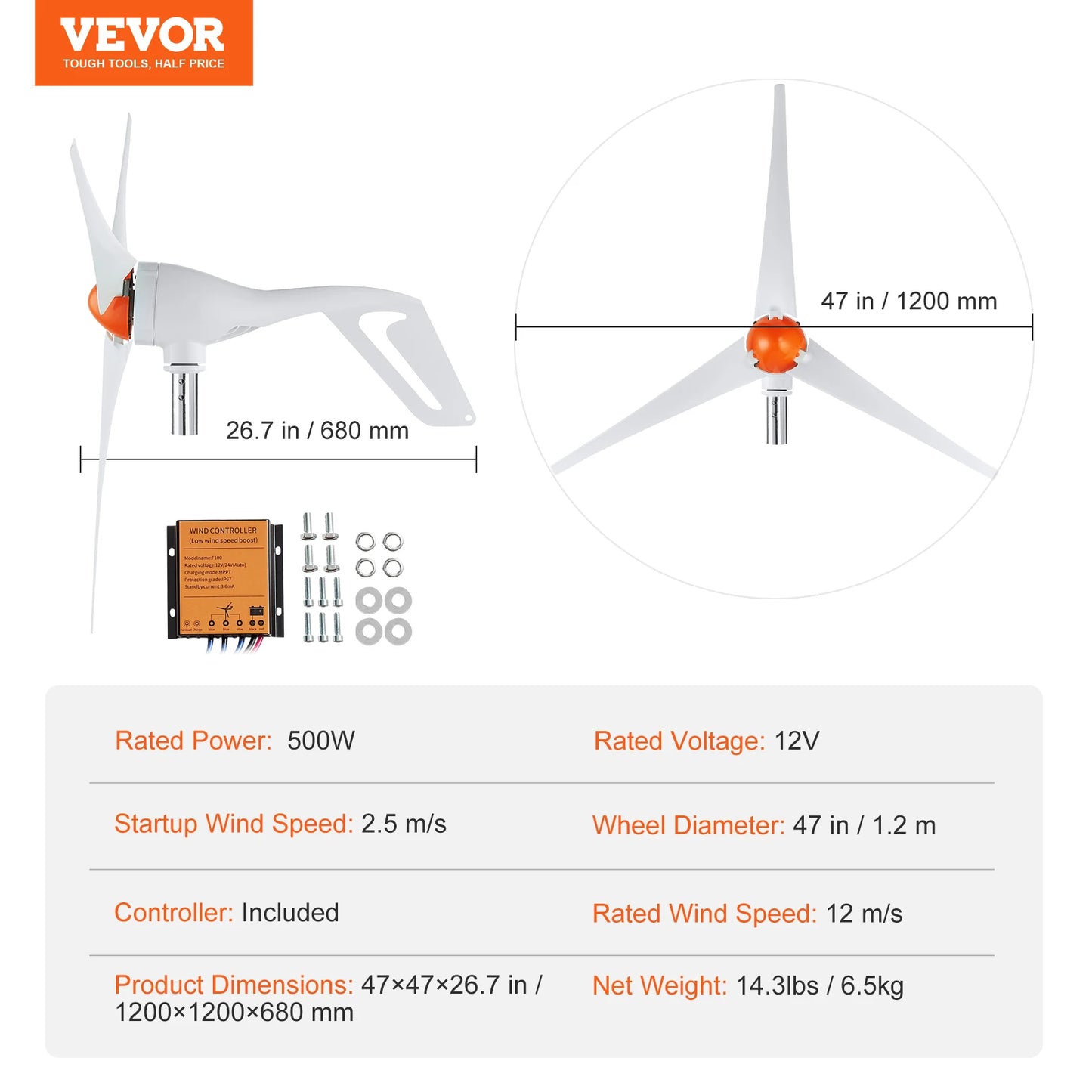 VEVOR Wind Turbine Generator 12V 500W/800W Wind Turbine Kit Wind Power Generator with MPPT Controller Suitable for Home Farm RVs