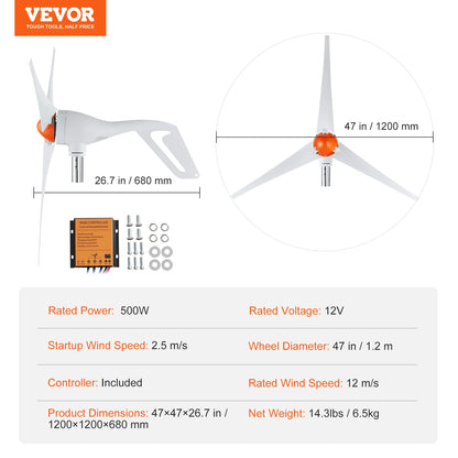 VEVOR Wind Turbine Generator 12V 500W/800W Wind Turbine Kit Wind Power Generator with MPPT Controller Suitable for Home Farm RVs