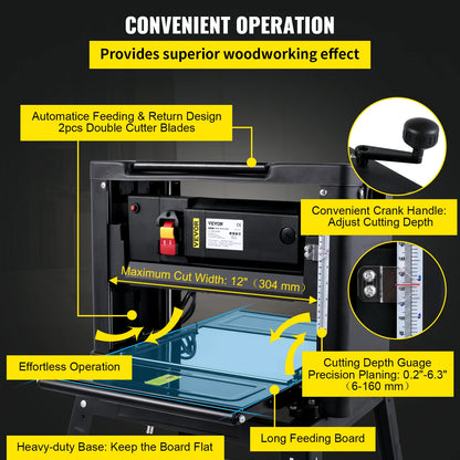 VEVOR Electric Planer 12/12.5/13 inch Thicknesser Wood Planer With Stand & Dust Exhaust 1800W 8000RPM for Woodworking Power Tool