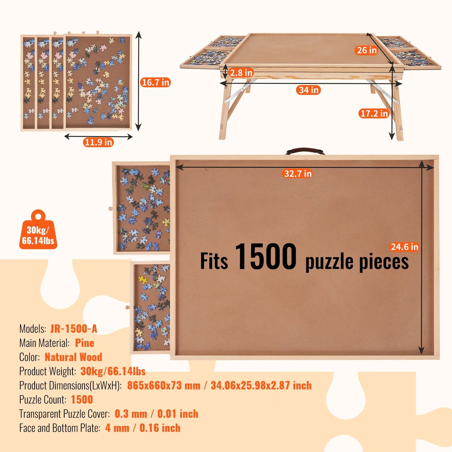 VEVOR 1500 Piece Puzzle Table with Folding Legs 4 Drawers and Cover Wooden Jigsaw Puzzle Plateau For Adults Gift for Mom