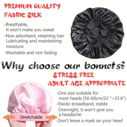1pc Silky Satin Cap Reusable Elastic Wide Band Shower Cap Sleeping Cap Hair Protective Cap for Women Curly Natural Hair