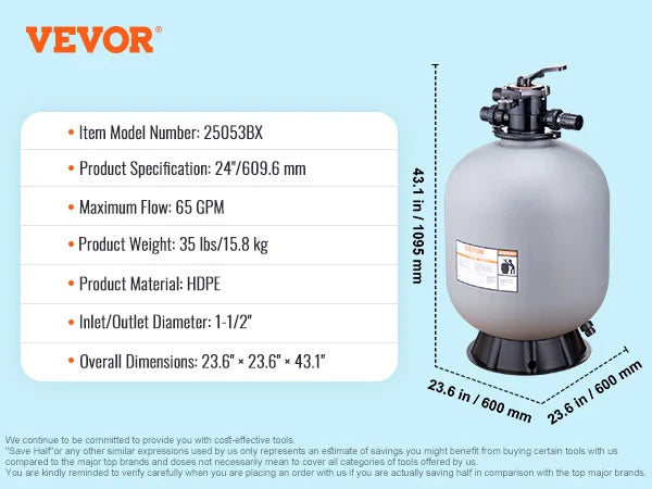 VEVOR 16/19/22/24 Inch Sand Filter with 7-Way Multi-Port Valve&High GPM Flow Rate Above Inground Swimming Pool Sand System，Gray