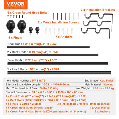 VEVOR 1 Inch Double Curtain Rods 36-72/74-144 Inches Drapery Rods for Windows 24-68/69-140 Inches Telescoping Dual Curtain Rod