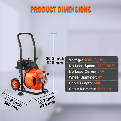 VEVOR Drain Cleaner Machine 100/50/75FT Drain Cleaning Machine Portable Electric Drain Auger Compact Electric Drain Pipe Clean