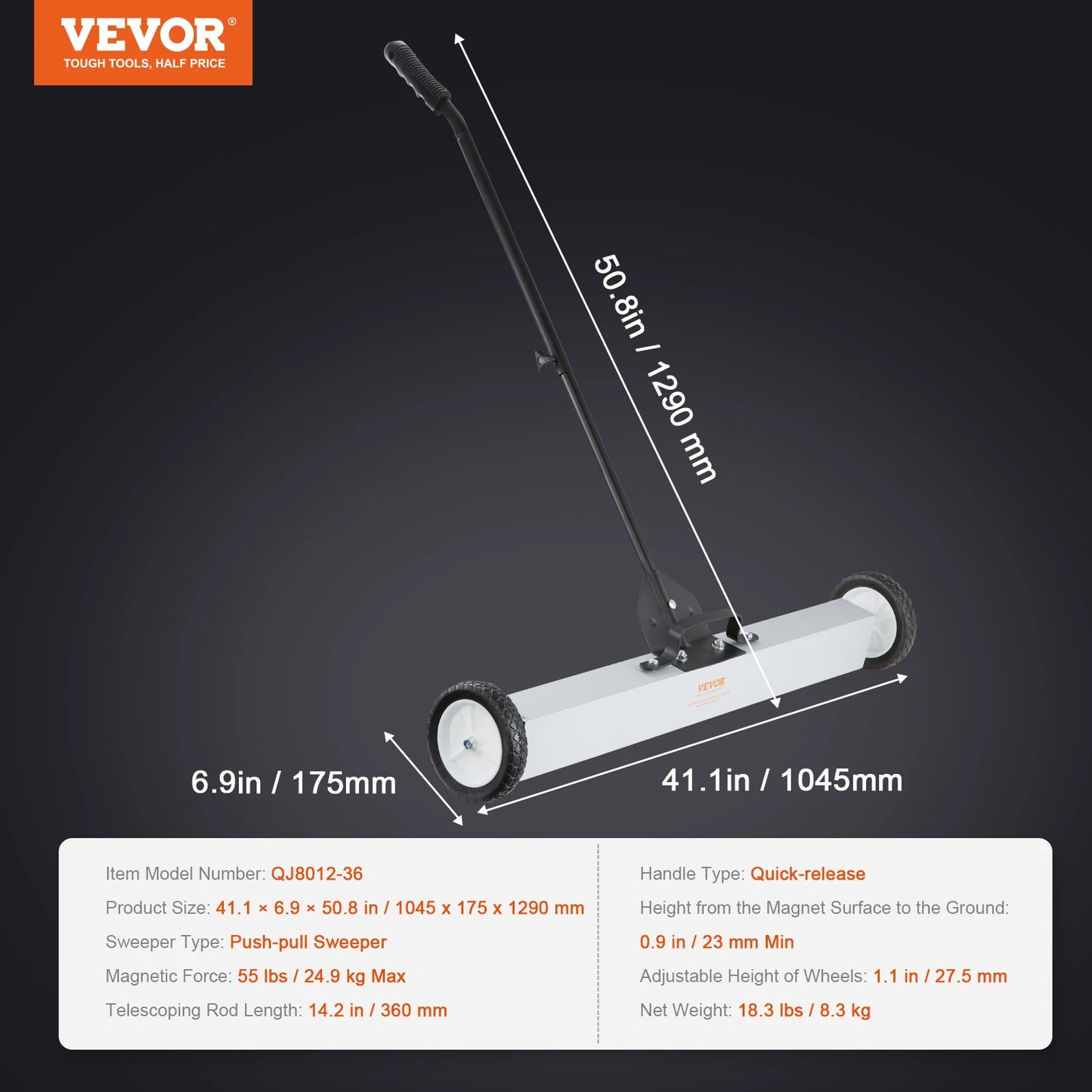 VEVOR Rolling Magnetic Sweeper with Wheels Push-Type Magnetic Pick Up Sweeper Large Magnet Pickup Lawn Telescoping Sweeper