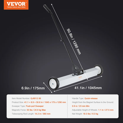 VEVOR Rolling Magnetic Sweeper with Wheels Push-Type Magnetic Pick Up Sweeper Large Magnet Pickup Lawn Telescoping Sweeper