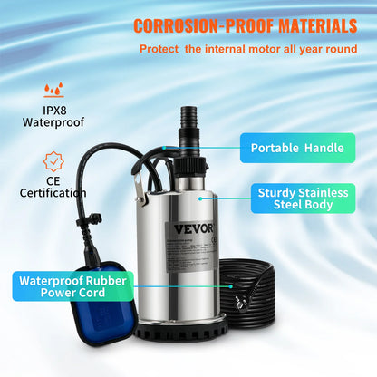 VEVOR Submersible Water Pump 9500L/H w/ 10 m Cord and Automatic Tethered Float Switch for Clean Empty Flooded Area Swimming Pool