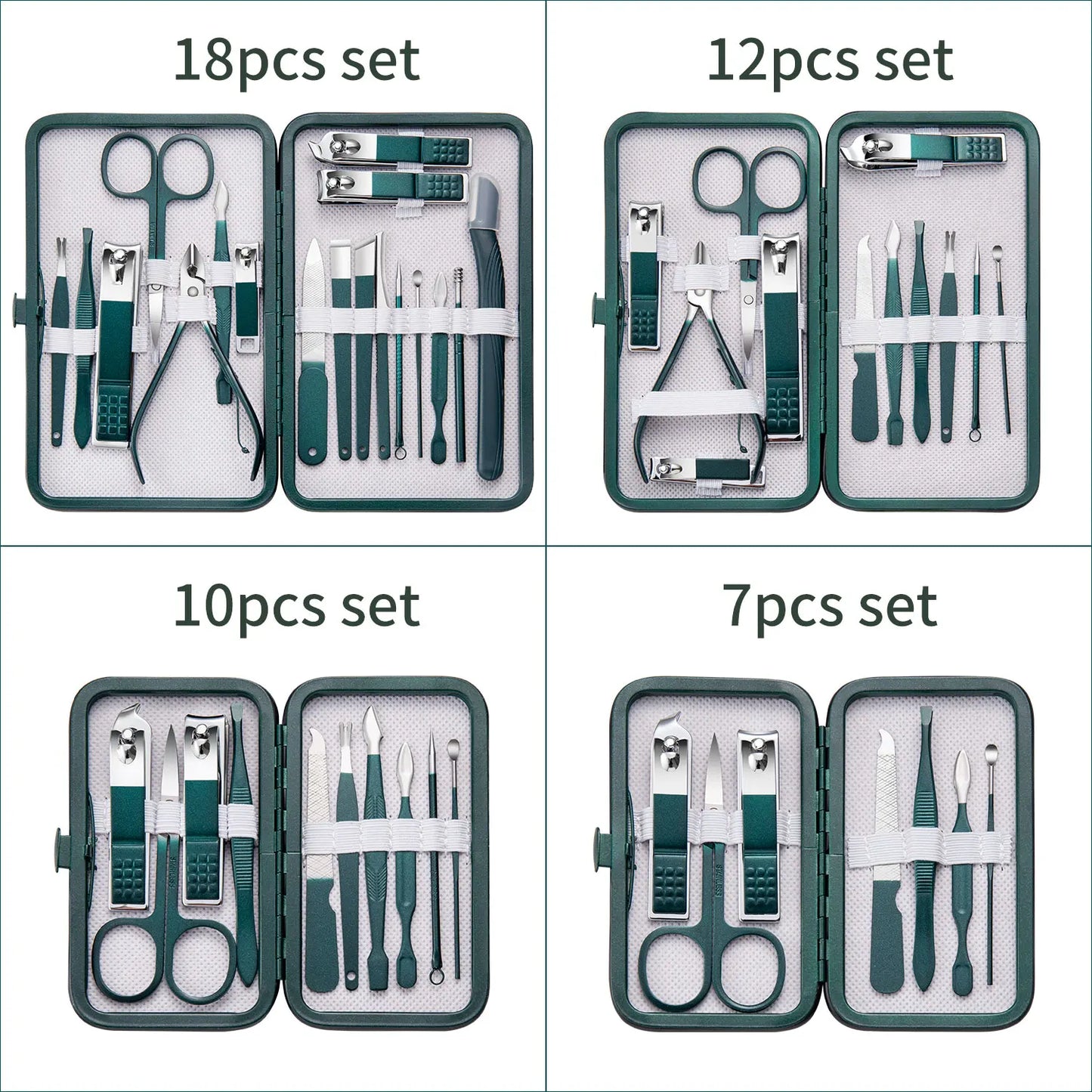 7/10/12/18Pcs Manicure Set Stainless Steel Nail Cutter Fingernail Clippers Trimmer Eyebrow Scissor Tweezers Ear Spoon Facial Car