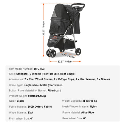 VEVOR Pet Stroller Carrier Dog Cat Strollers Lightweight Travel Rotate with Brakes Pet Pad Cup Holder for Puppy Dog Accessories
