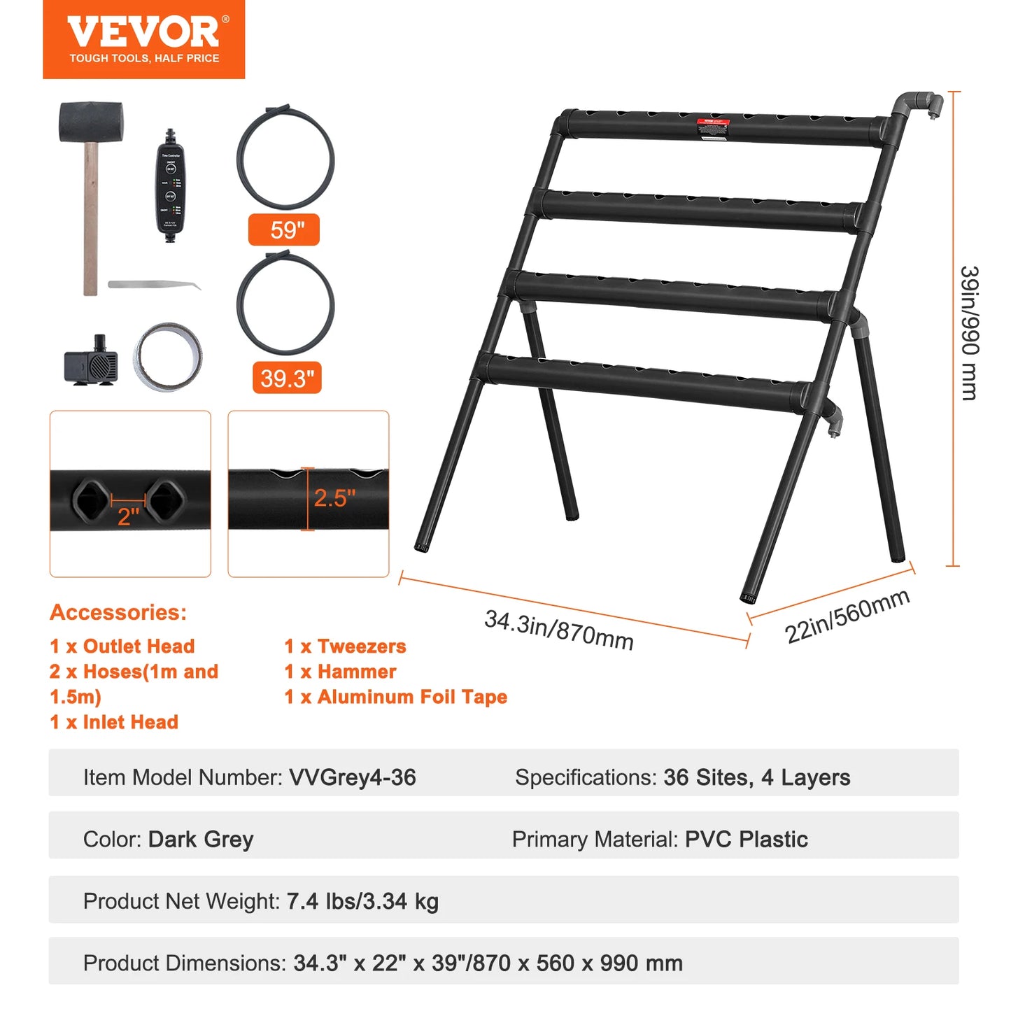 VEVOR Hydroponics Growing System 108 Sites 3 Layers Dark Grey PVC Pipes Hydroponic Grow Kit with Water Timer Baskets and Sponges