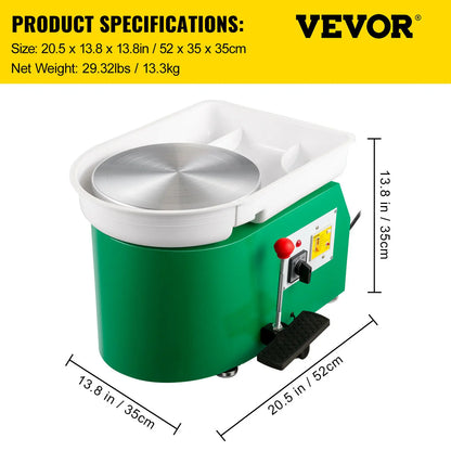 VEVOR Electric Pottery Wheel Machine 28cm 350W Manual Handle & Foot Pedal for School Ceramic Clay Working Forming DIY Art Craft