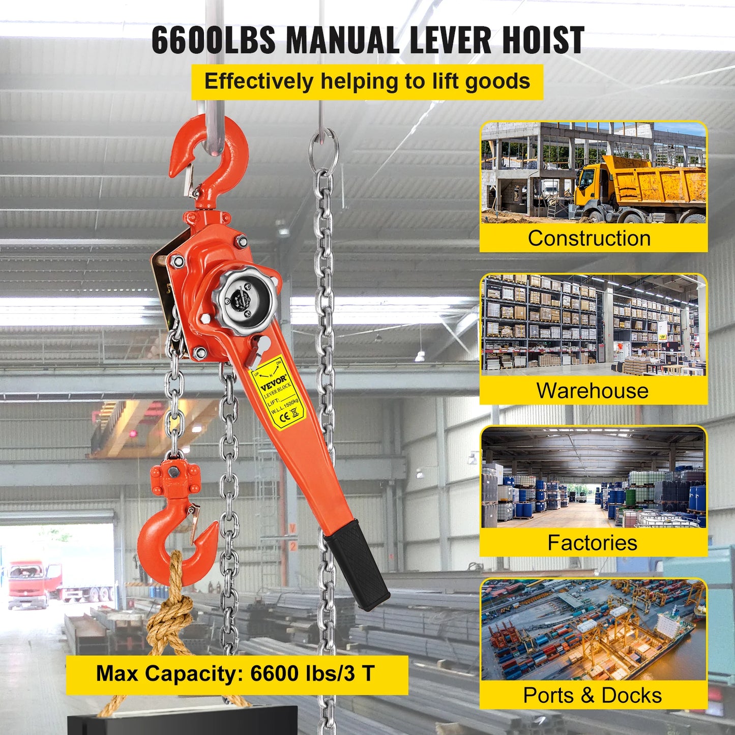 VEVOR 3T / 1.5T Manual Ratcheting Lever Chain Hoist 1.5M 3M 6M Portable Hand Block Lifting Come Along Puller Pulley Hook Mount