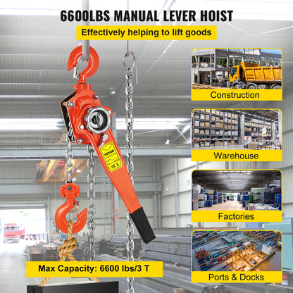 VEVOR 3T / 1.5T Manual Ratcheting Lever Chain Hoist 1.5M 3M 6M Portable Hand Block Lifting Come Along Puller Pulley Hook Mount