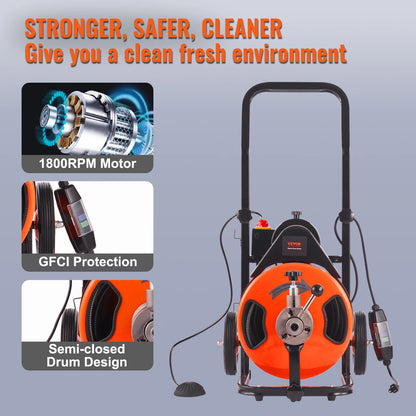 VEVOR Drain Cleaner Machine 100/50/75FT Drain Cleaning Machine Portable Electric Drain Auger Compact Electric Drain Pipe Clean