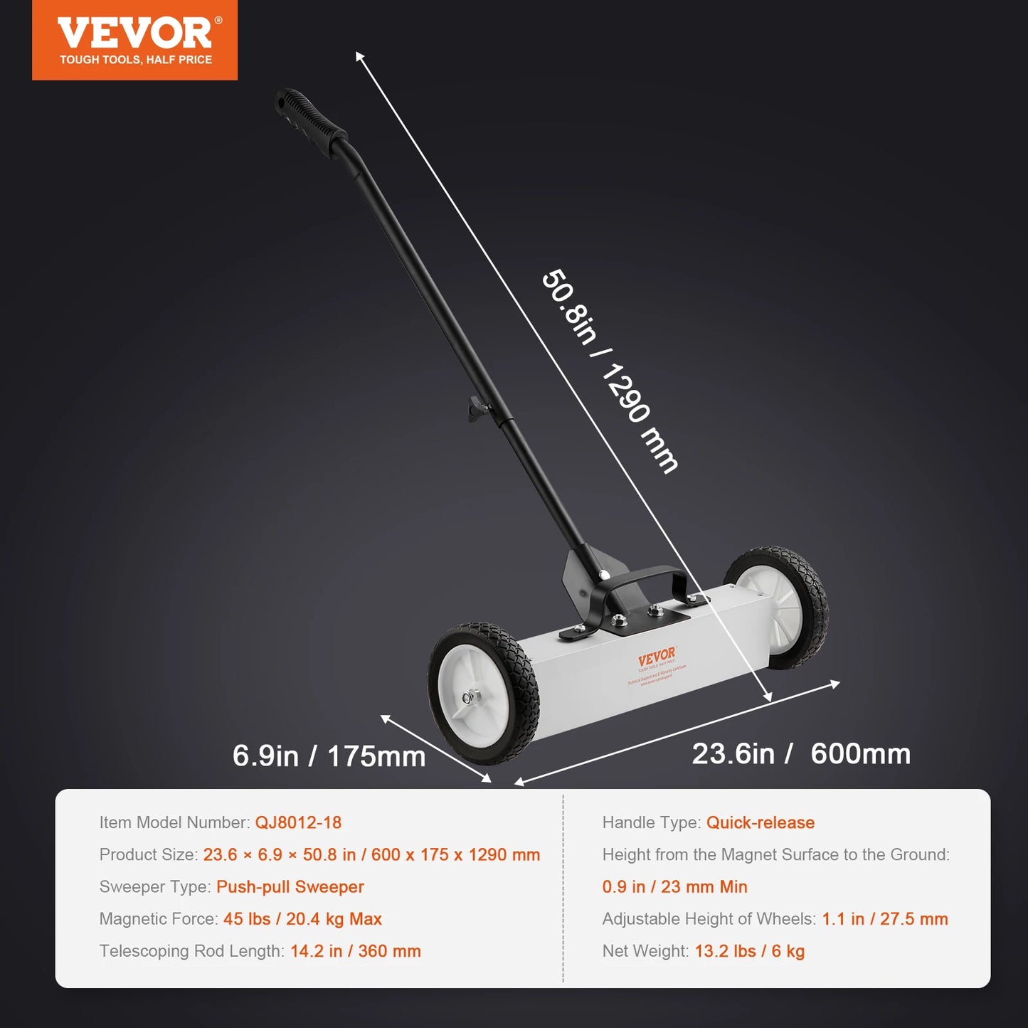 VEVOR Rolling Magnetic Sweeper with Wheels Push-Type Magnetic Pick Up Sweeper Large Magnet Pickup Lawn Telescoping Sweeper