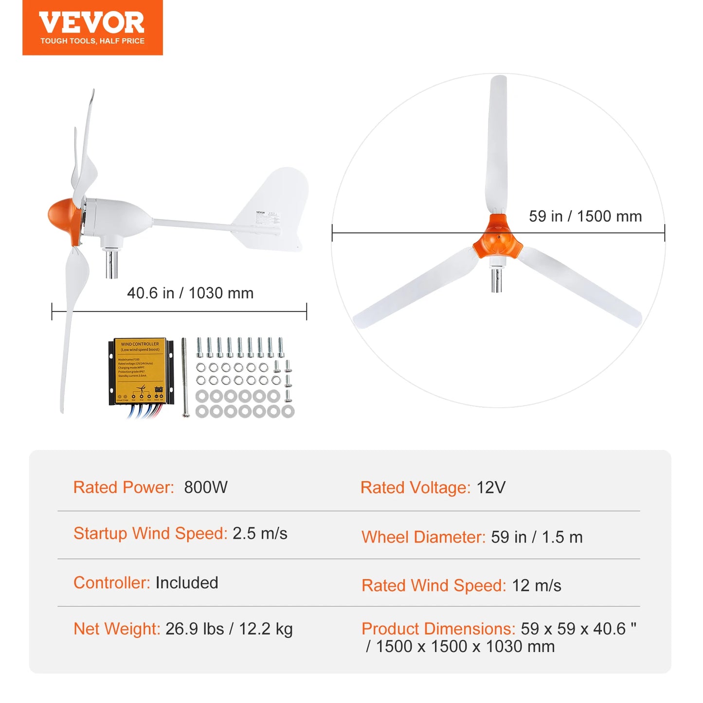 VEVOR Wind Turbine Generator 12V 500W/800W Wind Turbine Kit Wind Power Generator with MPPT Controller Suitable for Home Farm RVs