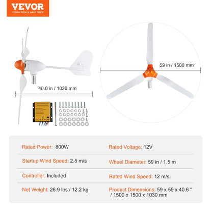 VEVOR Wind Turbine Generator 12V 500W/800W Wind Turbine Kit Wind Power Generator with MPPT Controller Suitable for Home Farm RVs