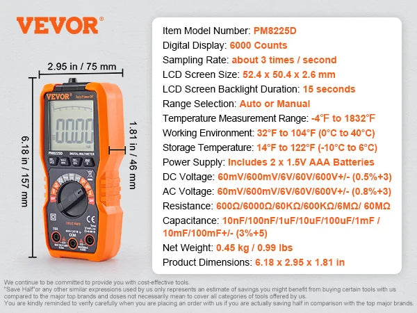 VEVOR Digital Multimeter 4000/6000 Counts Tester DC AC Voltmeter NCV , Ohm Volt Amp Tester for Current and Voltage Measurement